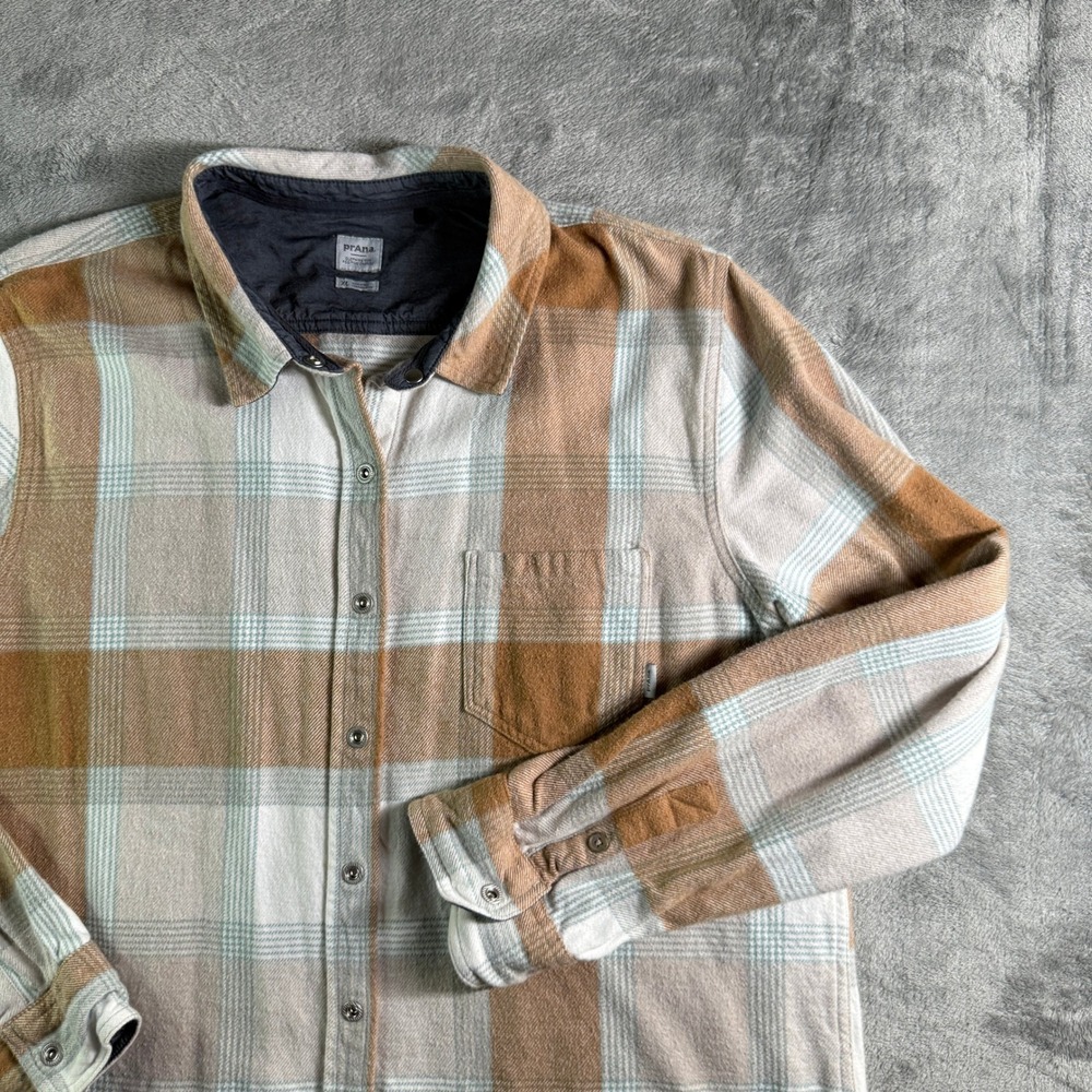 Prana Mens XL Organic Cotton Plaid Flannel Shirt Midweight Long Sleeve (Read)